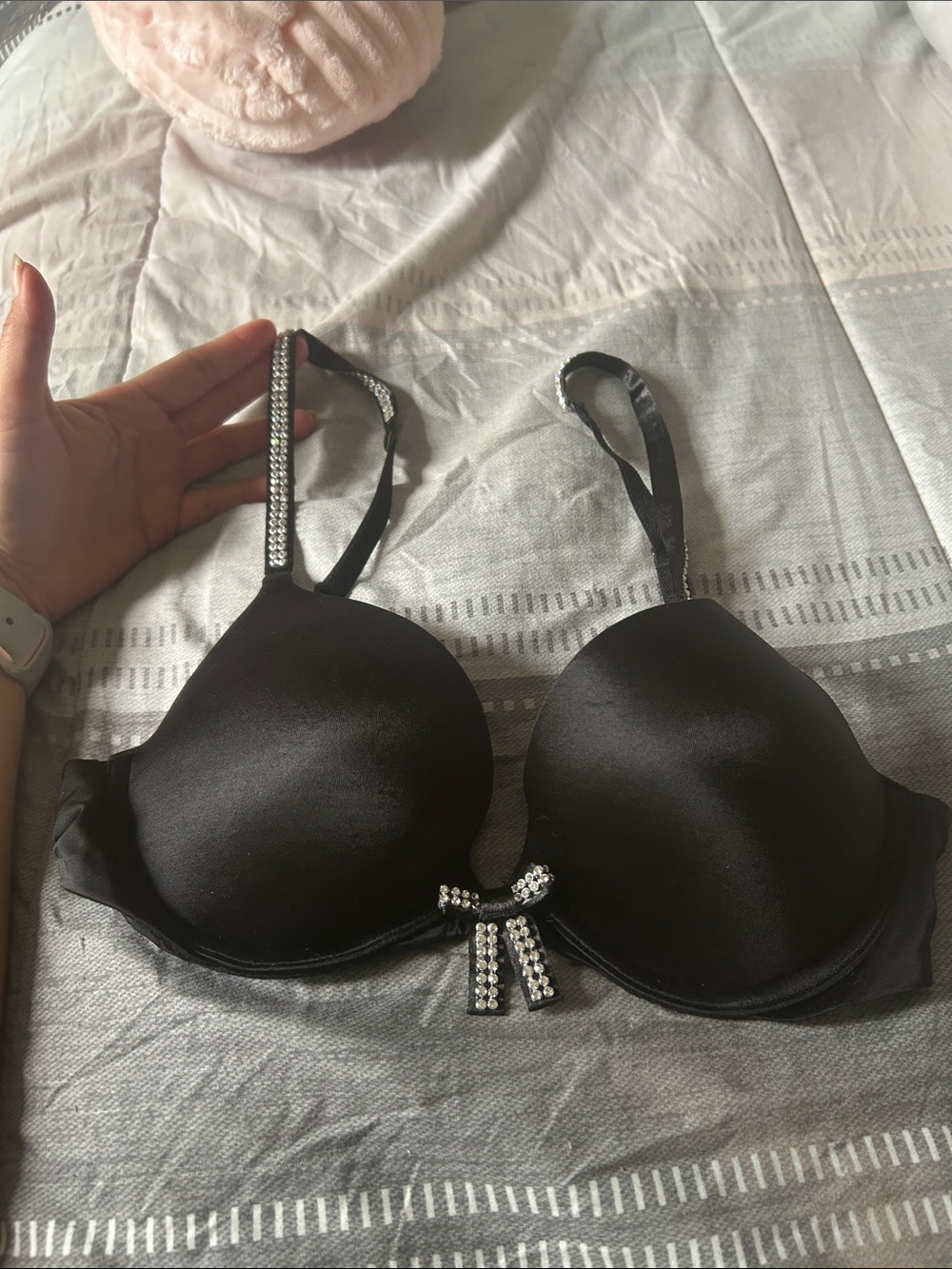 Victoria's Secret Black Satin Push-Up Bra with Rhinestone Bow